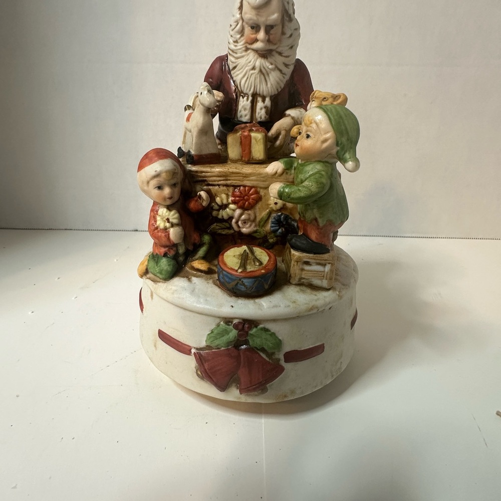 HOMCO Vtg SANTA'S WORKSHOP Wind-Up & Rotating MUSIC BOX Plays Music‎